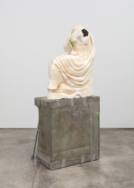Justin Matherly Untitled (Fear, Anxiety and Joy), 2017 Modified gypsum, spray paint, epoxy, concrete, ambulatory equipment figure: 37 x 16 x 27 in. (94 x 40.6 x 68.6 cm) base: 34 3/4 x 31 1/2 x 22 1/2 in. (88.3 x 80 x 57.2 cm) overall: 71 3/4 x 31 1/2 x 27 in. (182.2 x 80 x 68.6 cm)