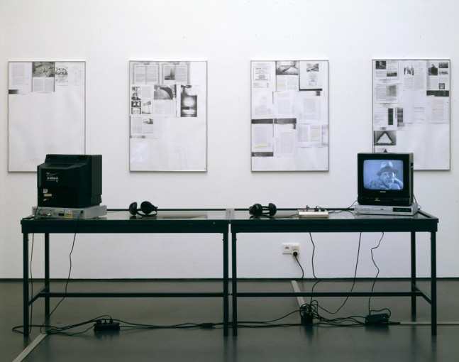 Sam Durant "Monologue and Dialogue" 2003 Vitrine, books, newspapers, moniters, DVD players, cables, memory man effect processor 49 x 11.25 x 28 in.