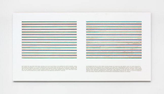 Douglas Huebler Only during the time when these words are being read each pair of green lines represented above is inwardly extensive, 1978 acrylic on wood panel 35 3/8 x 70 7/8 in. (90 x 180 cm)