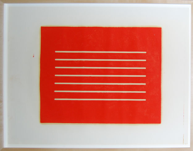Donald Judd "Untitled" 1961-79 Set of two woodcuts in cadmium red on offset paper 21 x 29 1/4 in.