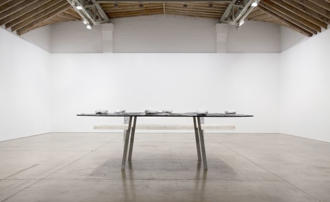 Robert Grosvenor Untitled, 2011 aluminum, fiberglass, plastic, concrete blocks, spray paint element #1 (table) 56 x 92 x 165 1/2 in. (142.2 x 233.7 x 420.4 cm), element #2 46 1/2 x 58 x 243 1/2 in. (118.1 x 147.3 x 618.5 cm), overall: 56 x 239 x 243 1/2 in. (142.2 x 607.1 x 618.5 cm)