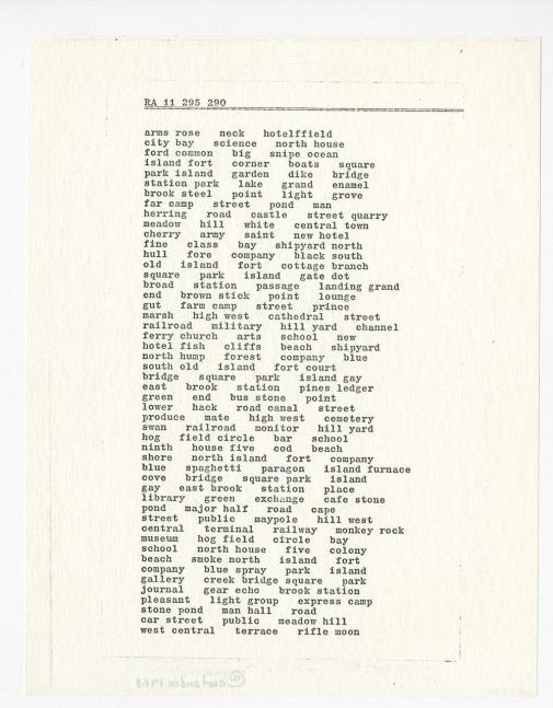 Carl Andre &quot;RA 11 295 290&quot; Typed carbon on paper 11 7/8&quot; x 8 3/8&quot;