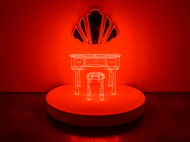 Ja'Tovia Gary Citational Ethics (Zora Neale Hurston, 1943), 2023 wood, neon and engraved obsidian overall: 75 x 77 x 65 in. (190.5 x 195.6 x 165.1 cm) stool: 19 1/2 x 13 x 13 in. (49.5 x 33 x 33 cm) vanity: 31 x 40 x 26 in. (78.7 x 101.6 x 66 cm) mirror: 30 x 41 x 9 in. (76.2 x 104.1 x 22.9 cm)