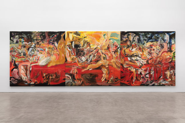 Cecily Brown
The Splendid Table, 2019-2020
oil on linen
3 panels, overall: 105 1/2 x 316 1/2 in. (268 x 803.9 cm)
each: 105 1/2 x 105 1/2 in. (268 x 268 cm)
 