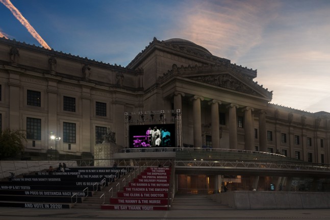 Installation view of An Ecstatic Experience (2015) in Art on the Stoop: Sunset Screenings, Brooklyn Museum, September 9 - November 8, 2020. Photo: Jonathan Dorado. Courtesy Brooklyn Museum.