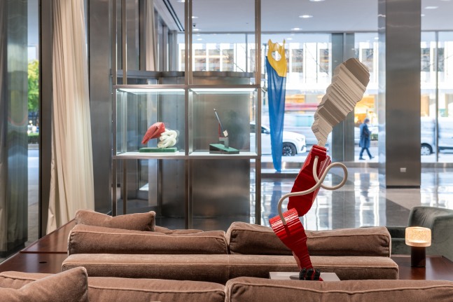 Installation view of Claes Oldenburg & Coosje van Bruggen at Lever House. © Claes Oldenburg and Coosje van Bruggen. Courtesy of the Estate of Claes Oldenburg & Coosje van Bruggen and Paula Cooper Gallery, New York. Photo credit: Timothy Schenck