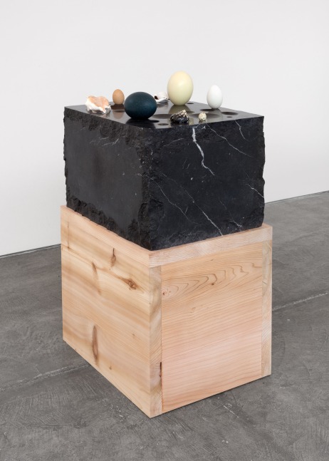 Sam Durant Les Armes Miraculeuses, 2014 marble, wood, eggs, shells (fabrication, Dan Axe, Telara Studio d’Arte, Carrara, Italy) overall: 34 x 18 1/2 x 24 in. (86.4 x 47 x 61 cm)