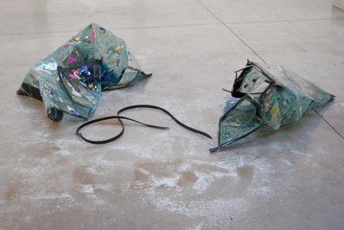 Kelley Walker "Untitled" 2006-08 2 car windshields, epoxy, digital print decals, glass shards, rubber strip overall dimensions variable