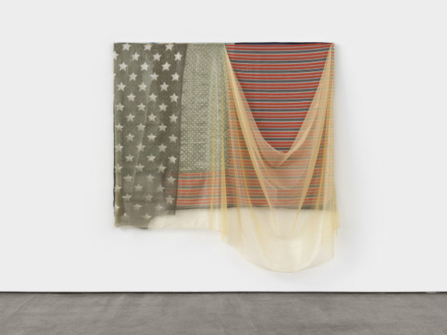 Eric N. Mack Star spangled banner for Jasper Jonez, 2024 selection of silks, polyesters, and scrim on aluminum stretcher bar 76 x 74 x 9 in. (193 x 188 x 22.9 cm)