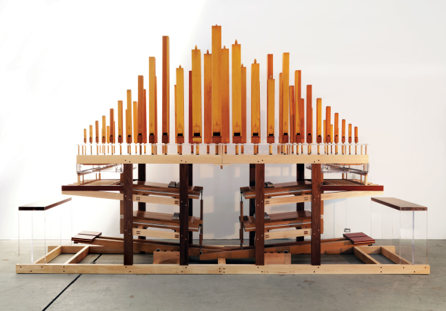 Auerglass, 2009 collaboration with Cameron Miserow, AKA Glasser wood, acrylic, steel, copper, leather, felt 190.5 x 31.5 x 116 inches; 483.9 x 80 x 294.6 cm