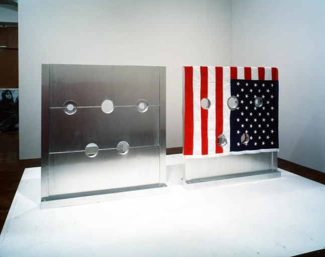 Cady Noland &quot;Gibbet&quot; 1993-94 Aluminum over wood with American flag Stock: 5' x 4'8 x 8&quot; Stool: 21&quot; x 21&quot; x 11 1/2&quot;