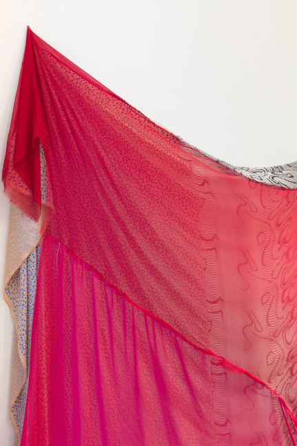 Eric N. Mack Landlord (detail), 2021 umbrella, wood flagpoles, metal brackets, fabric collage, thread dimensions variable