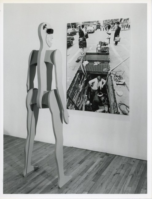 Jonathan Borofsky &quot;2,845,312 Chattering Man with Photograph&quot; 1983 New York Times Photo by Fred R. Conrad of NYC blackout, September 1983 66 x 48&quot; Man: Aluminum, wood, primer, Bondo, electric motor, speaker 92 1/2 x 23 x 13&quot;
