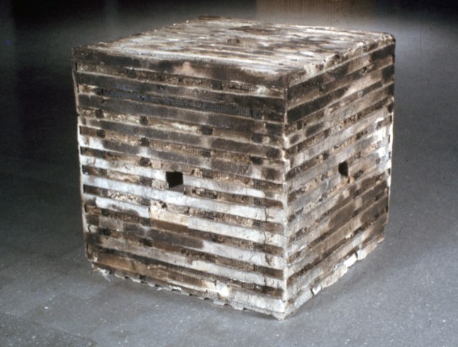 Jackie Winsor Burnt Piece, 1977-78 concrete, burnt wood, and wire 36 x 36 x 36 inches Collection of The Museum of Modern Art