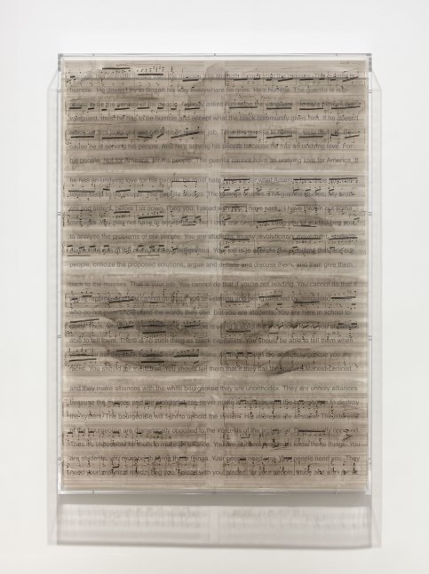 Charles Gaines Librettos: Manuel de Falla/Stokely Carmichael, #19, 2016 Printed ink stained paper and lilghtjet on acrylic 66 x 47 x 3 1/2 in. (167.6 x 119.4 x 8.9 cm)