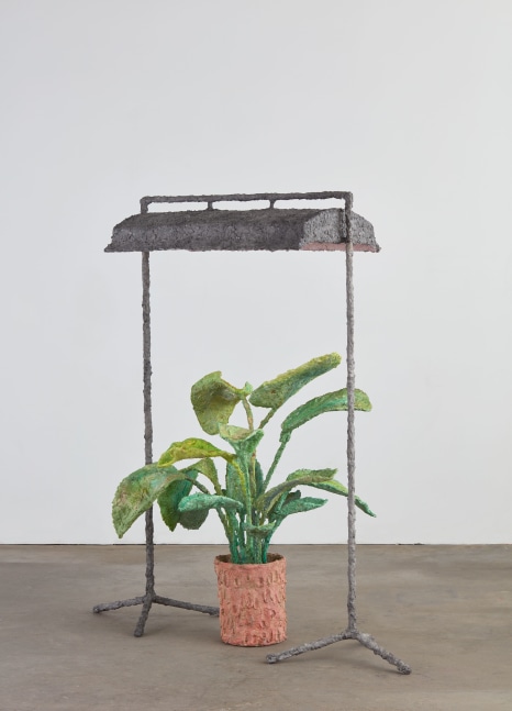 Evan Holloway Horizontal Fluorescent With Plant, 2017 steel, cardboard, CelluClay, Cel-vinyl and acrylic lamp: 71 3/4 x 57 x 23 1/2 in. (182.2 x 144.8 x 59.7 cm) plant: 47 1/4 x 42 1/2 x 39 1/2 in. (120 x 108 x 100.3 cm)