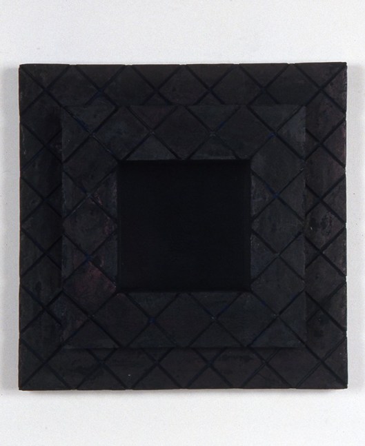 Jackie Winsor "Inset Wall Piece (2" diagonal cut blue & graphite grid)" 2000-2001  reddish black concrete 15 X 15 X 7 3/4 in. (35.56 X 35.56 X 19.69 cm)  inset in wall 4" deep