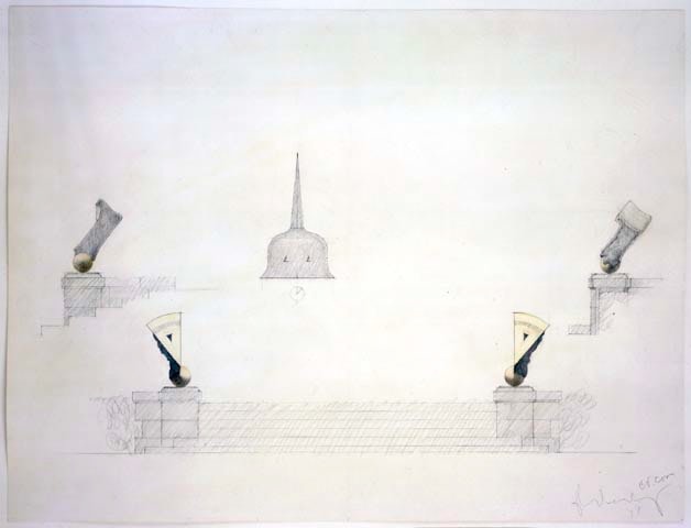 Claes Oldenburg & Coosje Van Bruggen "Elevation of Shuttlecock / Blueberry Pies, on Stairs" 1997 Pencil and colored pencil 30 x 40 in.