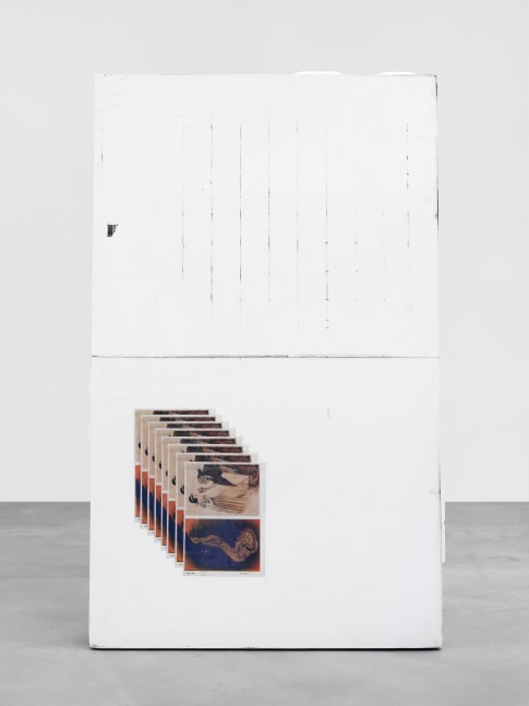 Matias Faldbakken Pallet Screen (Tenggren), 2016 plastic pallet, synthetic plaster, rebar grid, reinforcing steel, zip ties, newspaper print, Lascaux collage glue, Transparentlack-2 UV 59 x 35 1/2 x 6 3/4 in. (149.9 x 90.2 x 17.1 cm)