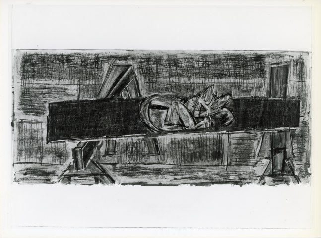 Michael Hurson &quot;Cat Sleep on Plank of Wood&quot; 1988 Pencil, conte, ink on paper 12&quot; x 27&quot;