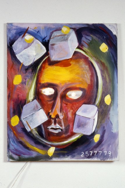 Jonathan Borofsky &quot;Painting with Light Bulb Eyes at 2577779&quot; 1980 Acrylic, canvas, cord, and lights 29 3/4&quot; x 23 7/8&quot; x 5&quot;