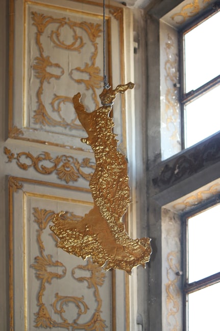 Luciano Fabro Italia d'oro, 1968-1971 bronze, gold, steel, cable, clips 29 1/2 x 17 5/7 in. (75 x 45 cm)