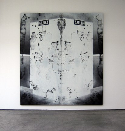 Christian Marclay "White Rorschach Door (The Electric Chair)" 2006 Silkscreen ink on synthetic polymer paint on canvas diptych  overall: 93 3/4 x 84 in.