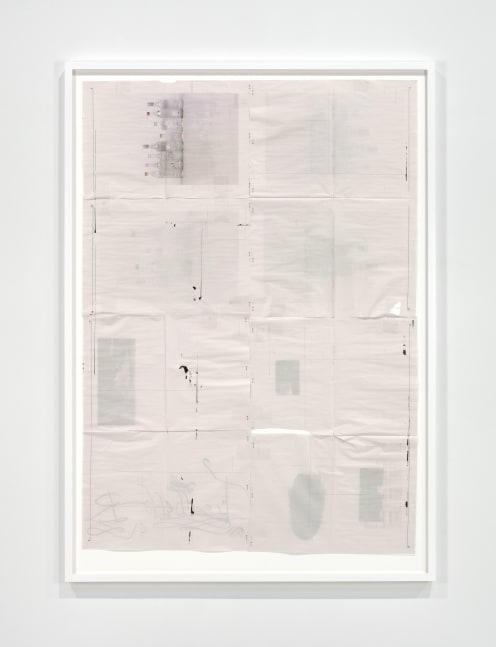 Matias Faldbakken SEE YOU ON THE FRONT PAGE OF THE LAST NEWSPAPER THOSE MOTHERFUCKERS EVER PRINT #6 (panel 5), 2014 newsprint, India ink, tape, wooden frame paper size: 61 x 43 5/8 in. (154.9 x 111.4 cm) framed: 67 3/4 x 48 3/8 in. (172.1 x 122.9 cm)