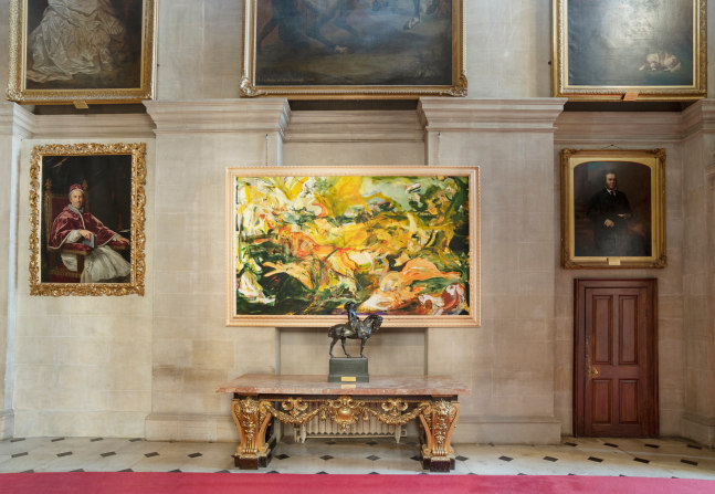 Cecily Brown  Hunt with Nature Morte and Blenheim Spaniel, 2019  Installation view of Cecily Brown at Blenheim Palace, Blenheim Palace, 2020.  Photograph by Tom Lindboe.  Courtesy of Blenheim Art Foundation.