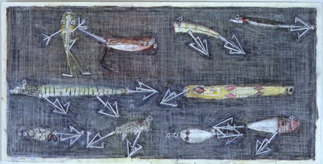 Michael Hurson "Fishing Lure, Drawing #3" 2001 Graphite, ink, pastel, charcoal, oil with applied toothpicks on paper/collage 11 3/4 x 23 3/8 in.