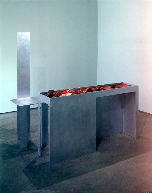 Robert Wilson "A Chair and a Table for An Author" 1998 Brushed aluminum, flowers, water 30 x 55 x 13" (table) 61 x 16 x 16" (chair)