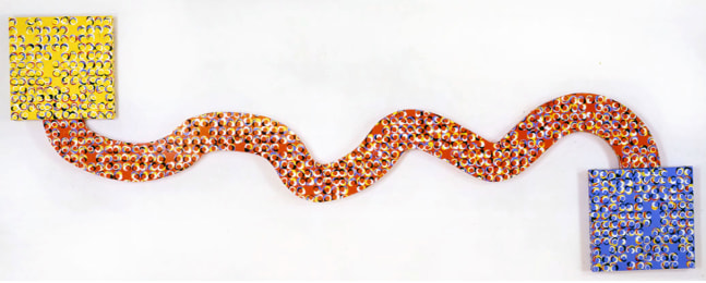 Jennifer Bartlett Squiggle, 2001-2002 oil on 3 canvases overall: 62 x 160 x 2 in. (157.5 x 406.4 x 5.1 cm)  2 canvases @ 24 x 24 x 2 in. (61 x 61 x 5.1 cm) 1 canvas @ 26 x 143 x 2 in. (66 x 363.2 x 5.1 cm) 26 x 143 x 2 in. (66 x 363.2 x 5.1 cm)