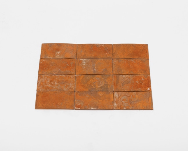Carl Andre 12 (4 x 3) Rusty Steel Rectangle, 2014 steel each: 1/16 x 15/16 x 1 15/16 in. (.2 x 2.4 x 4.9 cm) overall: 1/16 x 3 7/8 x 5 3/4 in. (.2 x 9.8 x 14.6 cm)