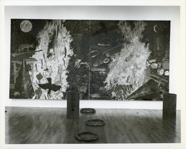 Jennifer Bartlett &quot;Fish and Bread: Description without Place&quot; 1989 Painting: oil on canvas 108&quot; x 216&quot; Cylinders: welded and rolled steel 1 with 3&quot; diameter hole inside 28&quot; x 14&quot; diameter each Rings: welded and rolled steel 2&quot; diameter pipe rolled to 20&quot; outside diameter Grids: welded and rolled steel 5/8&quot; x 7&quot; x 7&quot; 5/8&quot; x 9&quot; x 9&quot;