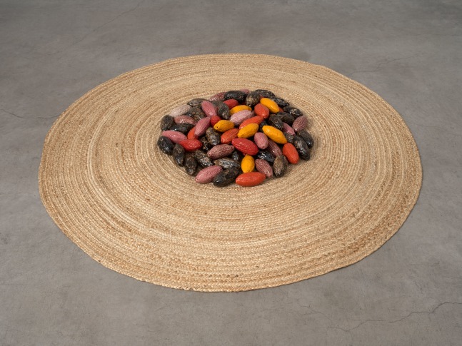 Veronica Ryan, Cocoa Passion in Tandem, 2021 ceramic stoneware, pigment, volcanic ash, jute rug, overall: height variable x 70 7/8 x 70 7/8 in. (180 x 180 cm)