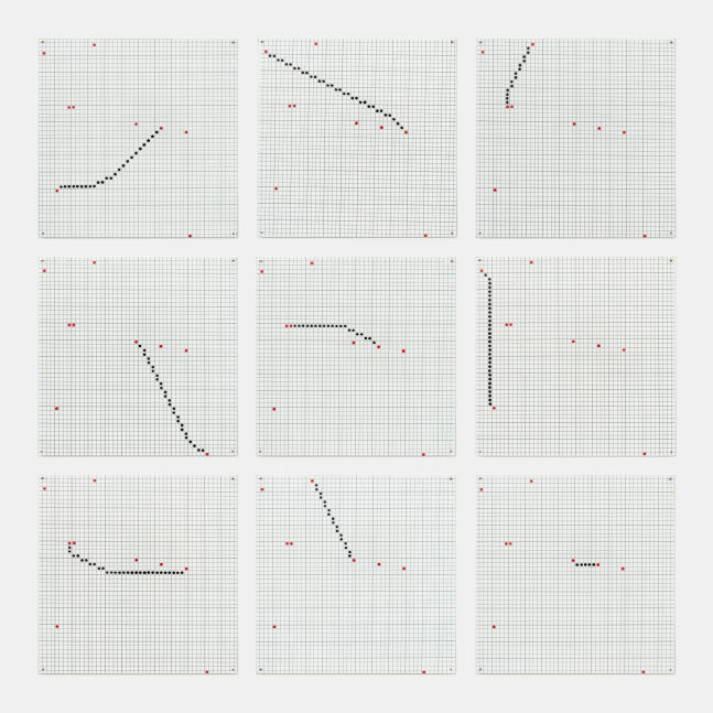 Jennifer Bartlett One Line (Connecting any Two of Nine Points), 1972 Testors enamel, silkscreen, on 9 baked enamel steel plates each panel: 12 x 12 in. (30.5 x 30.5 cm) overall: 38 x 38 in. (96.5 x 96.5 cm)