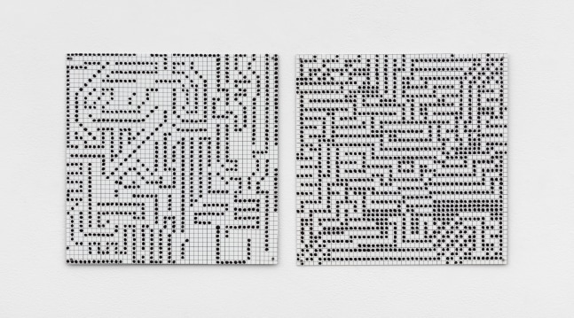 Jennifer Bartlett, Positive Negative Series #2, 1971, enamel over silkscreen grid on baked enamel, steel plates, overall: 12 x 24 in. (30.5 x 61 cm), 2 steel plates, each: 12 x 12 in. (30.5 x 30.5 cm)