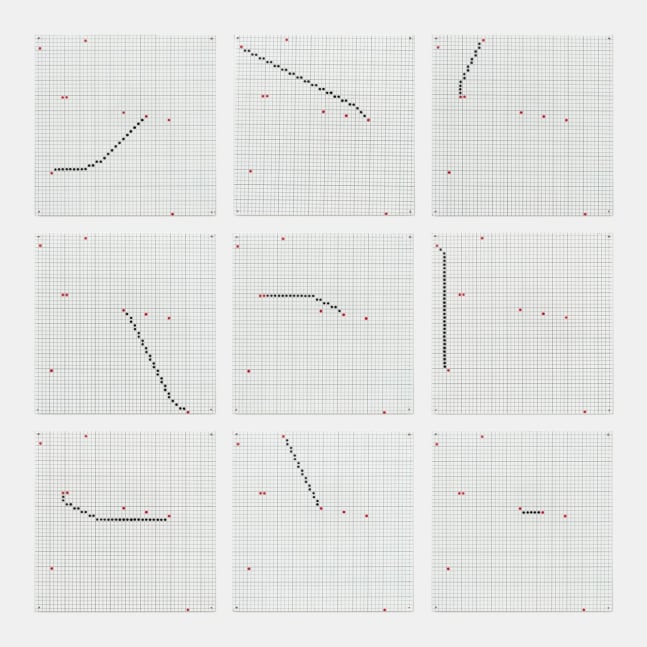 Jennifer Bartlett One Line (Connecting any Two of Nine Points), 1972 Testors enamel, silkscreen, on 9 baked enamel steel plates each panel: 12 x 12 in. (30.5 x 30.5 cm) overall: 38 x 38 in. (96.5 x 96.5 cm)