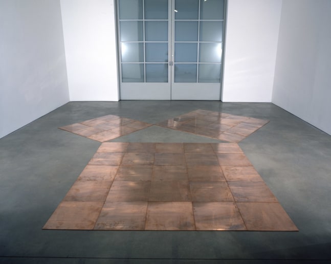 Carl Andre "The Void Enclosed by the Copper Squares of Three, Four, & Five" 1998 50 copper plates 3/8" x 18' x 16'3" overall