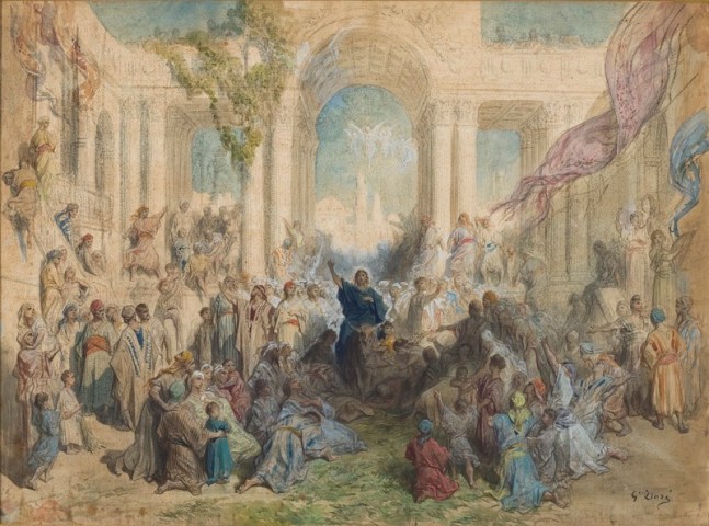 Paul Gustave Dore "L'Entree de Jesus Christ A Jerusalem (After Veronese)" 1875 Watercolor and gouache over traces of pencil on paper laid down on board 23 1/2 x 31 1/2 in.
