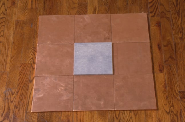 Carl Andre &quot;Copper Blue Moat&quot; 1990 Copper and limestone overall: 3/4 x 23 3/4 x 23 5/8 in.