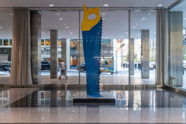Installation view of Claes Oldenburg & Coosje van Bruggen at Lever House. © Claes Oldenburg and Coosje van Bruggen. Courtesy of the Estate of Claes Oldenburg & Coosje van Bruggen and Paula Cooper Gallery, New York. Photo credit: Timothy Schenck