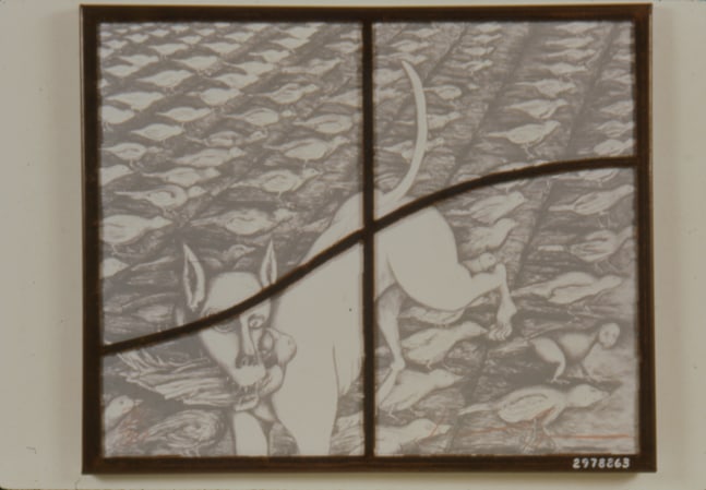 Jonathan Borofsky &quot;Berlin Dream with Steel Window Frame&quot; 1986 Torch cut, rusted metal frame encasing a 2 color ligthograph printed on Arches 88 paper with a Herculene front sheet 33 1/2&quot; x 41 1/4&quot;