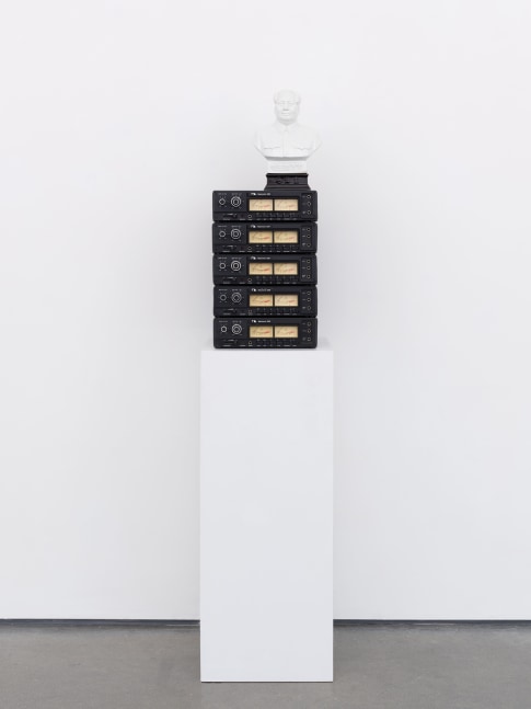 Terry Adkins
Darkwater Record, 2003 - 2008
porcelain, five Nakamichi 550 cassette recorders playing "Socialism and the American Negro" speech by W.E.B. Du Bois
31 x 12 x 14 inches (78.7 x 30.5 x 35.6 cm)
On top of the large pedestal the height is 73" (185.42 cm)