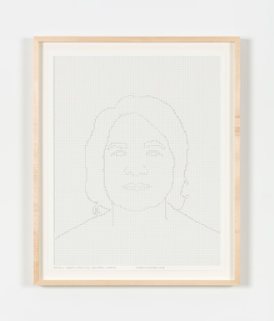 Charles Gaines Faces 1: Identity Politics, Drawing #7, Dolores Huerta, 2018 ink on paper 20 7/8 x 16 7/8 in. (53 x 42.9 cm); frame: 23 1/2 x 19 1/2 x 1 1/2 in. (59.7 x 49.5 x 3.8 cm)