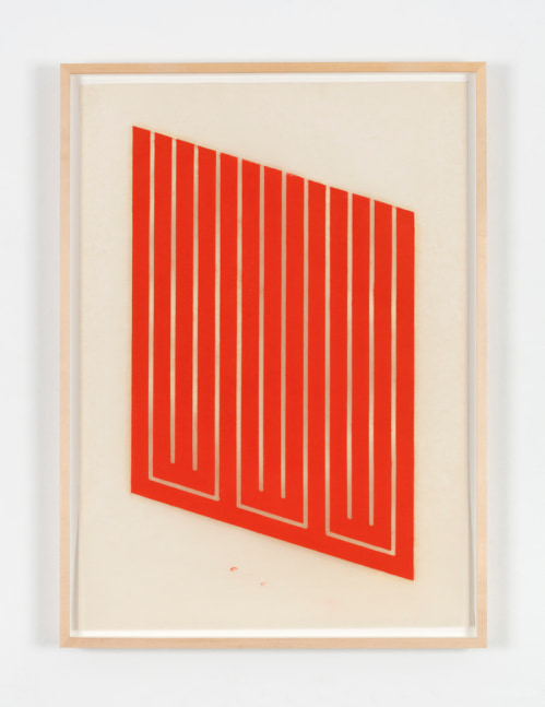 Donald Judd "untitled (9-R)" 1961-68 Woodcut print in cadmium red on Japanese paper 30 3/4 x 22 in.