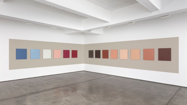 Sherrie Levine Salubra 3, 2007 oil on mahogany and wall paint 14 parts: 27 x 24 x 1 in. (68.6 x 60.9 x 2.54cm), overall dimensions variable painted rectangle on wall 65 in. (165.1 cm) height, length variable