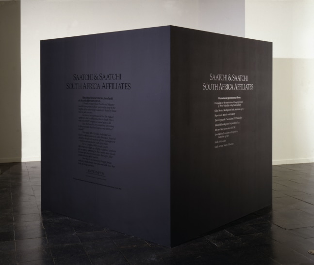 Hans Haacke Global Marketing, 1986 4 panels galvanized steel, glossy black silkscreen on matt black ground, 80 x 80 x 80 in. (203.2 x 203.2 x 203.2 cm)