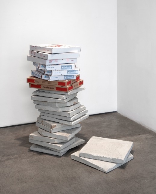 Matias Faldbakken Pizza Box Tower #01, 2014 concrete and cardboard remains each piece: 1 x 24 x 24 in. (2.5 x 61 x 61 cm) left tower (23 pieces), overall height: 40 in. (101.6 cm) right tower (2 pieces), overall height: 3 1/2 in. (8.9 cm)