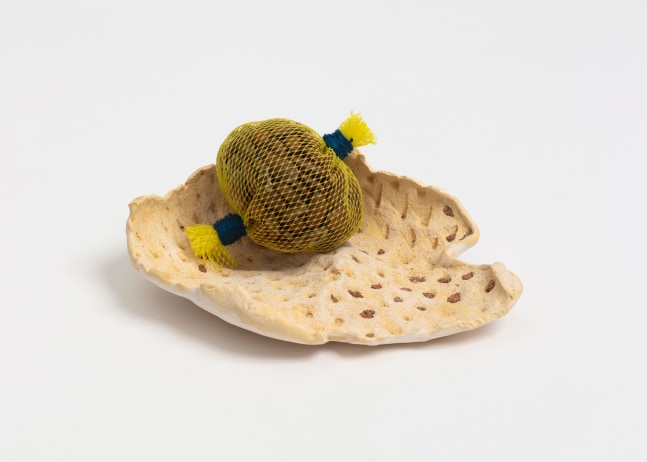 Veronica Ryan Sour-Sop Connection, 2019 Kaffir D plaster, seeds, plastic net, elastic 2 3/4 x 6 1/2 x 4 1/2 in. (7 x 16.5 x 11.4 cm)